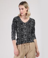 Sueter-Feminino-Estampado-Animal-Print-Zebra-em-Trico-Decote-V-Preto-9792718-Preto_1