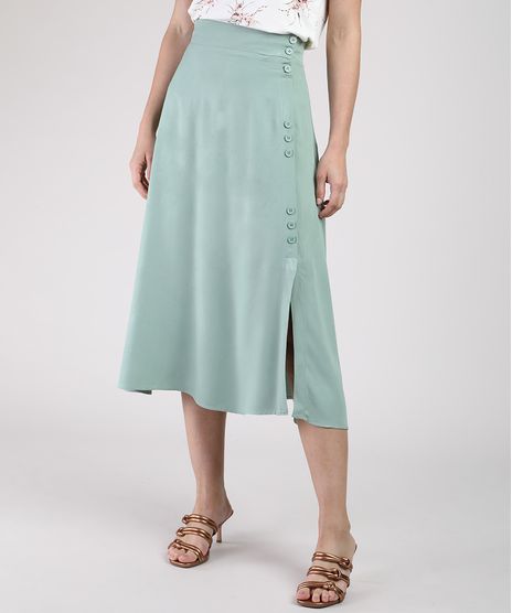 Saia-Feminina-Midi-Evase-com-Botoes-e-Fenda-Verde-Claro-9892066-Verde_Claro_1