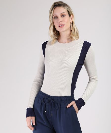 Sueter-Feminino-Bicolor-em-Trico-Decote-Redondo-Kaki-Claro-9796402-Kaki_Claro_1