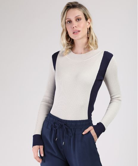 Sueter-Feminino-Bicolor-em-Trico-Decote-Redondo-Kaki-Claro-9796402-Kaki_Claro_1