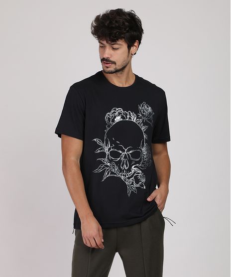 Camiseta-Masculina-Caveira-com-Flores-Manga-Curta-Gola-Careca-Preta-9948674-Preto_1