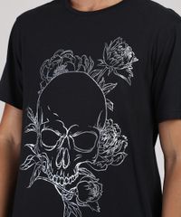 Camiseta-Masculina-Caveira-com-Flores-Manga-Curta-Gola-Careca-Preta-9948674-Preto_4