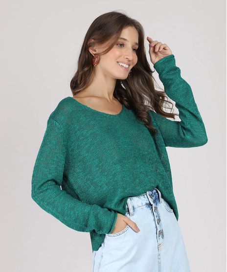 Sueter-Feminino-Amplo-em-Trico-Flame-Decote-V-Verde-9806261-Verde_1