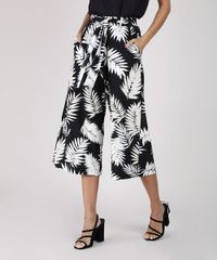 Calca-Feminina-Pantacourt-Cintura-Media-Estampada-de-Folhagem-com-Faixa-para-Amarrar-Preta-9942625-Preto_1