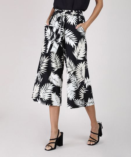 Calca-Feminina-Pantacourt-Cintura-Media-Estampada-de-Folhagem-com-Faixa-para-Amarrar-Preta-9942625-Preto_1