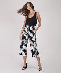 Calca-Feminina-Pantacourt-Cintura-Media-Estampada-de-Folhagem-com-Faixa-para-Amarrar-Preta-9942625-Preto_3