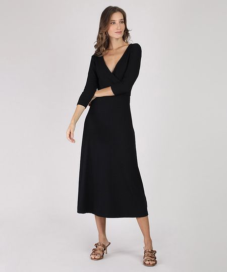 Vestido-Feminino-Midi-Canelado-com-Transpasse-Manga-3-4-Preto-9882308-Preto_1