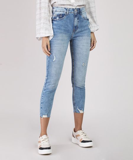 Calca-Jeans-Feminina-Skinny-Cropped-Cintura-Alta-com-Puidos-Azul-Claro-9894067-Azul_Claro_1