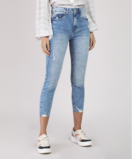 Calca-Jeans-Feminina-Skinny-Cropped-Cintura-Alta-com-Puidos-Azul-Claro-9894067-Azul_Claro_1