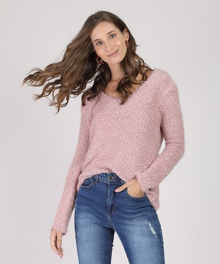 Sueter-Feminino-em-Trico-Felpudo-Decote-V-Rose-9793288-Rose_1