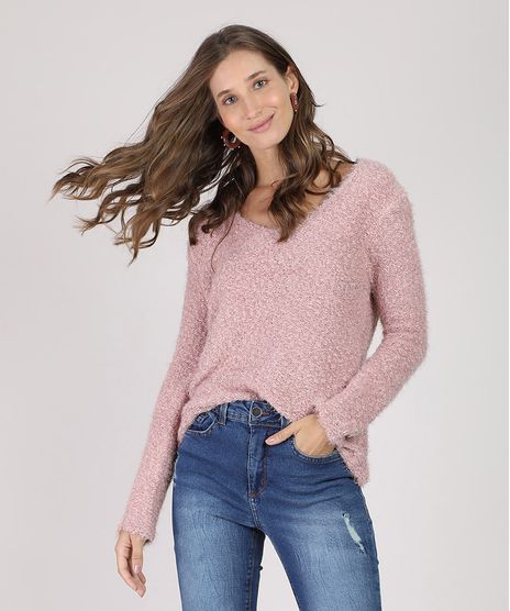 Sueter-Feminino-em-Trico-Felpudo-Decote-V-Rose-9793288-Rose_1