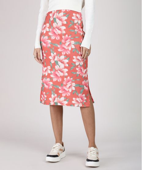 Saia-Feminina-Midi-Canelada-Estampada-Floral-Coral-9942714-Coral_1