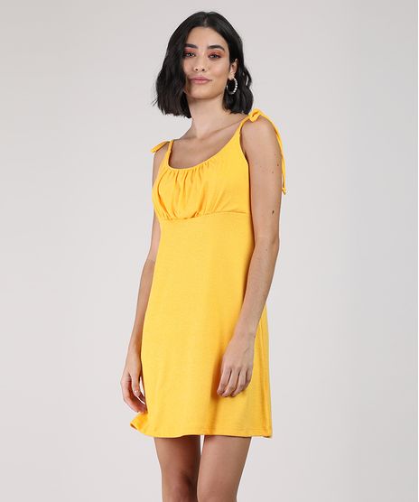 Vestido-Feminino-Curto-Texturizado-com-Laco-na-Alca-Fina-Amarelo-9941440-Amarelo_1