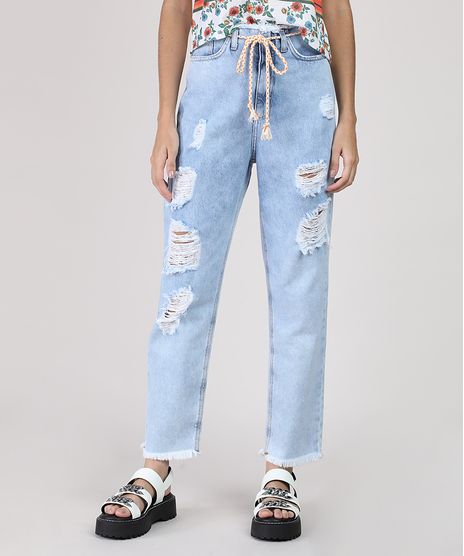 Calca-Jeans-Feminina-Mom-Cintura-Super-Alta-Destroyed-com-Cinto-Cadarco-Azul-Claro-9945385-Azul_Claro_1