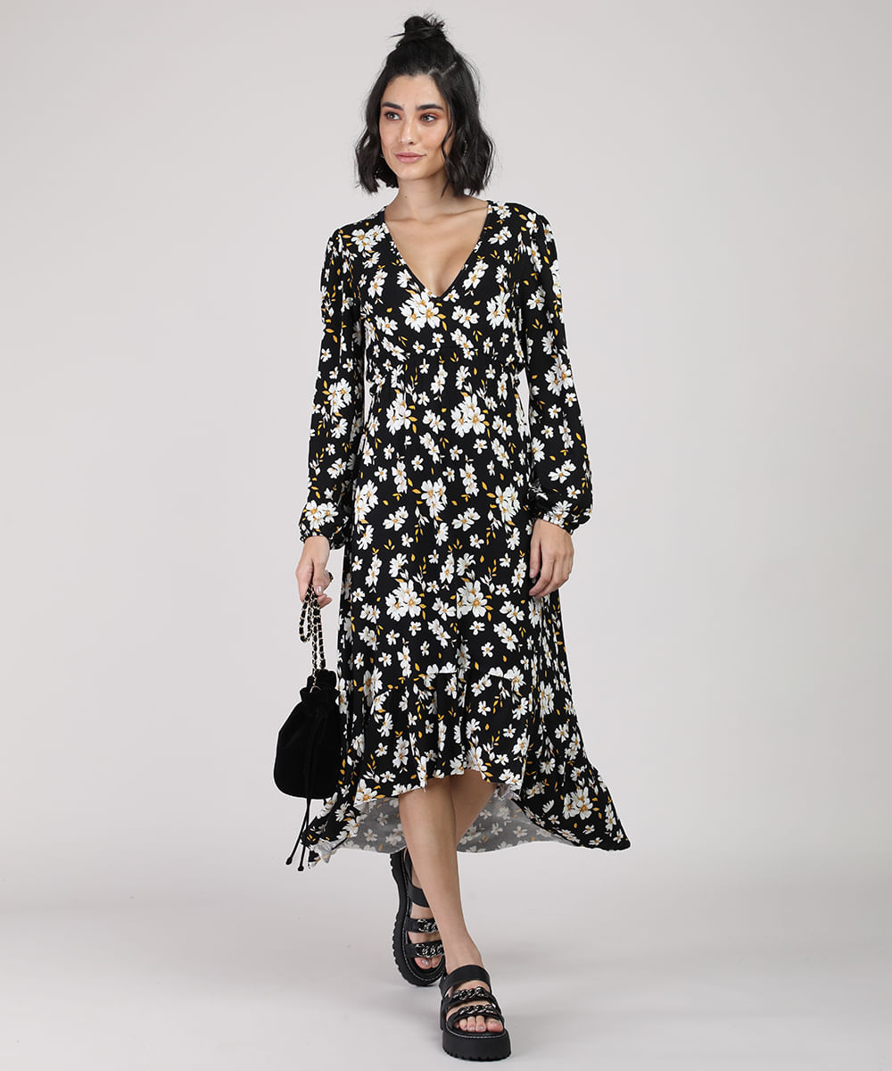 vestido preto florido para casamento