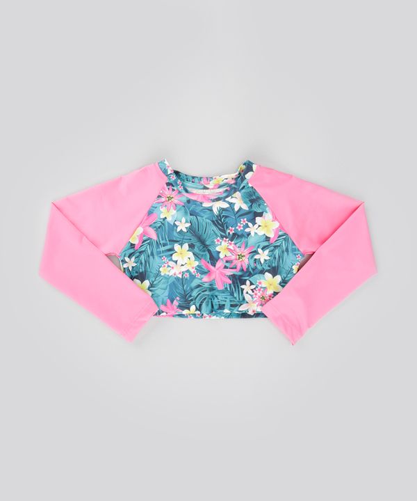 Blusa Cropped Estampada Floral com Proteção UV 50 Rosa 12