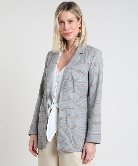 Blazer-Feminino-Estampado-Xadrez-com-Bolsos-Cinza-9820512-Cinza_1