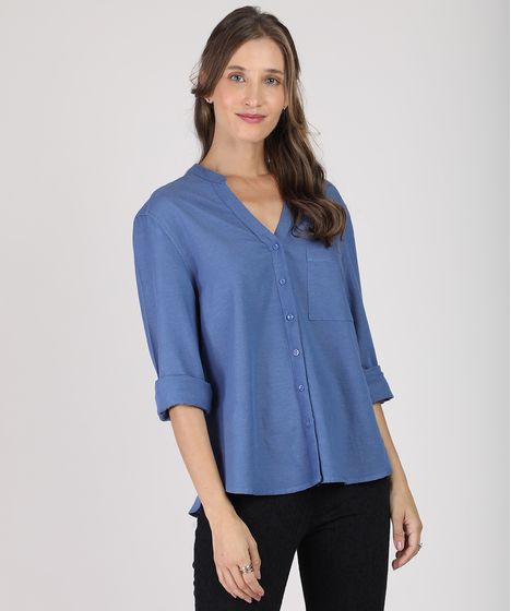 Camisa Feminina Com Linho Manga Longa Decote V Azul Cea