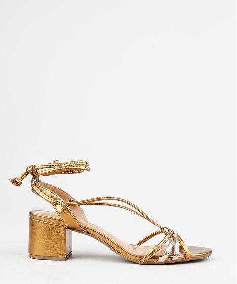 sandalia salto grosso baixo dourada