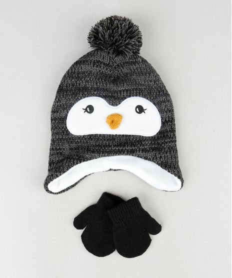 Kit-de-Gorro-Infantil-Pinguim-com-Pompom-Cinza-Mescla-Escuro---Luva-em-Trico-Preta-9784978-Preto_1