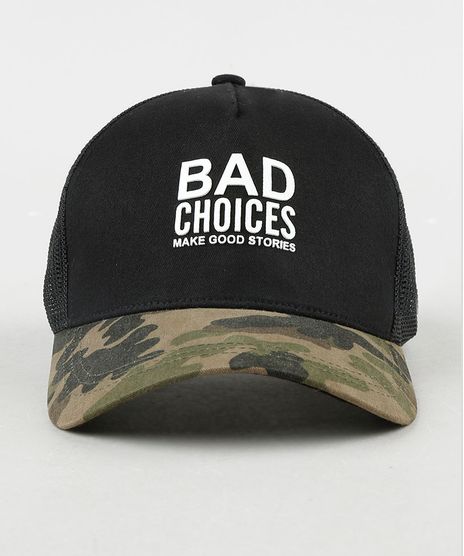 Bone-Masculino-Aba-Curva--Bad-Choices--com-Estampa-Camuflada-e-Tela-Preto-9769617-Preto_1