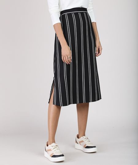 Saia Feminina Midi Listrada com Fenda Preta - 40 Menor preço em Saia Feminina Midi Listrada com Fenda Preta - 40