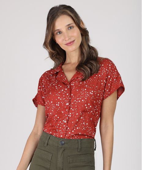 Camisa-Feminina-Estampada-de-Estrelas-Manga-Curta--Vermelha-9942023-Vermelho_1