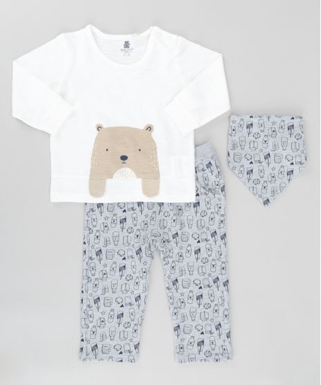 Conjunto-de-Camiseta--Urso--Off-White---Calca-Estampada-em-Moletom---Babador-Bandana-Estampado-Cinza-Mescla-8495927-Cinza_Mescla_1