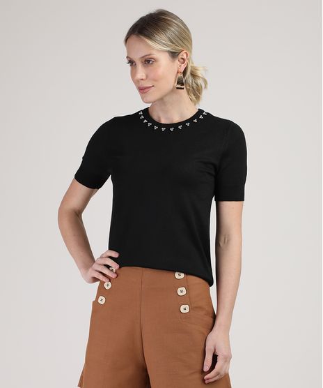 Blusa-Feminina-em-Trico-com-Micangas-Manga-Curta-Decote-Redondo-Preta-9804203-Preto_1