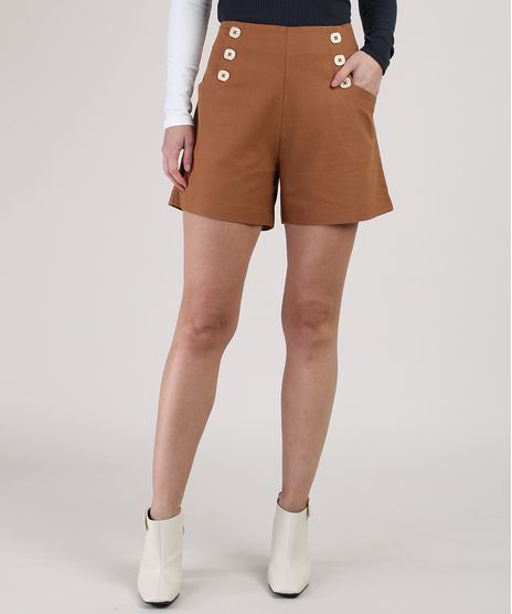 Short-Feminino-Cintura-Alta-com-Bolsos-e-Botoes-Marrom-9938605-Marrom_1