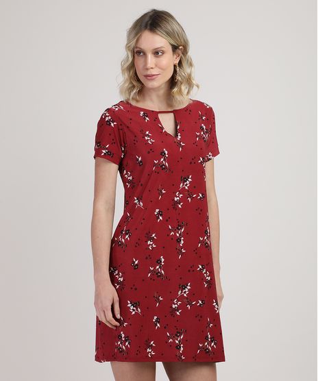 Vestido-Feminino-Curto-Estampado-Floral-com-Vazado-Manga-Curta-Vermelho-Escuro-9862197-Vermelho_Escuro_1