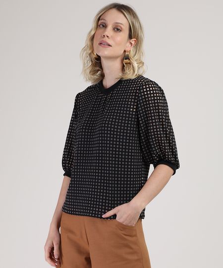 Blusa-Feminina-Ampla-Devore-Quadriculada-Manga-Bufante-Decote-Redondo-Preta-9885386-Preto_1