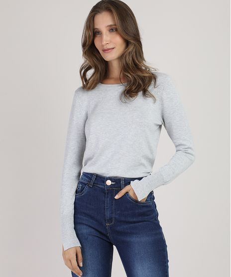 Sueter-Feminino-em-Trico-Decote-Redondo-Cinza-Mescla-Claro-9818305-Cinza_Mescla_Claro_1