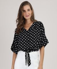 Camisa-Feminina-Estampada-de-Poa-Manga-3-4-com-No-Preta-9875318-Preto_1