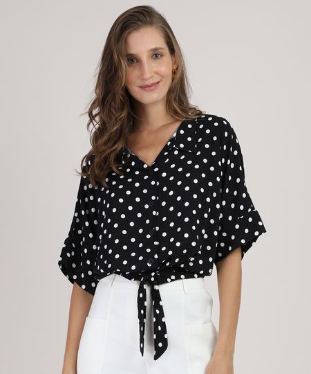 Camisa-Feminina-Estampada-de-Poa-Manga-3-4-com-No-Preta-9875318-Preto_1