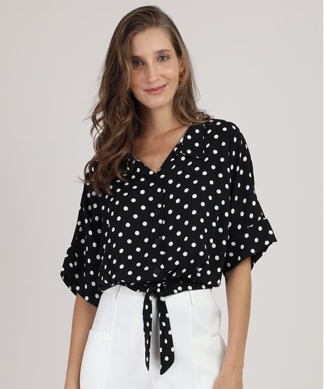 Camisa-Feminina-Estampada-de-Poa-Manga-3-4-com-No-Preta-9875318-Preto_1