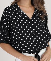 Camisa-Feminina-Estampada-de-Poa-Manga-3-4-com-No-Preta-9875318-Preto_4