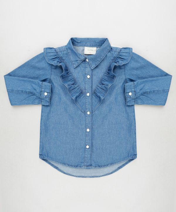 Camisa Jeans Infantil com Babados Manga Longa Azul Médio 6