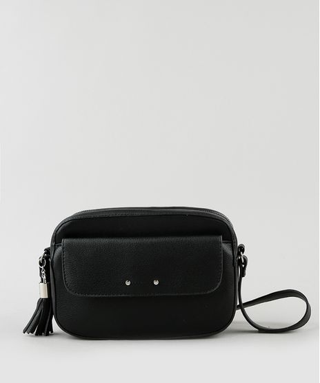 Bolsa-Feminina-Transversal-Pequena-com-Bolso-e-Tassel-Preta-9845697-Preto_1