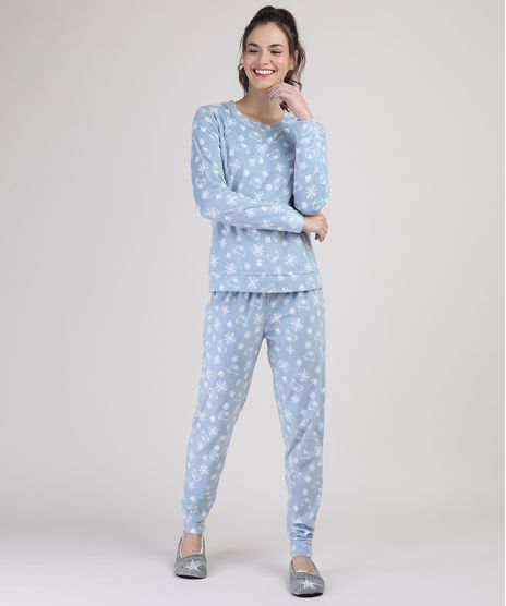 Pijama-de-Fleece-Feminino-Estampado-de-Urso-Manga-Longa
-Azul-Claro-9900199-Azul_Claro_1