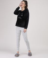 Pijama-de-Plush-Feminino-com-Bordado-de-Gato-Estampado-de-Poa-Manga-Longa-Preto-9900197-Preto_1
