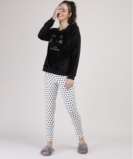 Pijama-de-Plush-Feminino-com-Bordado-de-Gato-Estampado-de-Poa-Manga-Longa-Preto-9900197-Preto_1