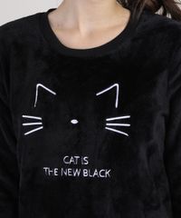 Pijama-de-Plush-Feminino-com-Bordado-de-Gato-Estampado-de-Poa-Manga-Longa-Preto-9900197-Preto_3