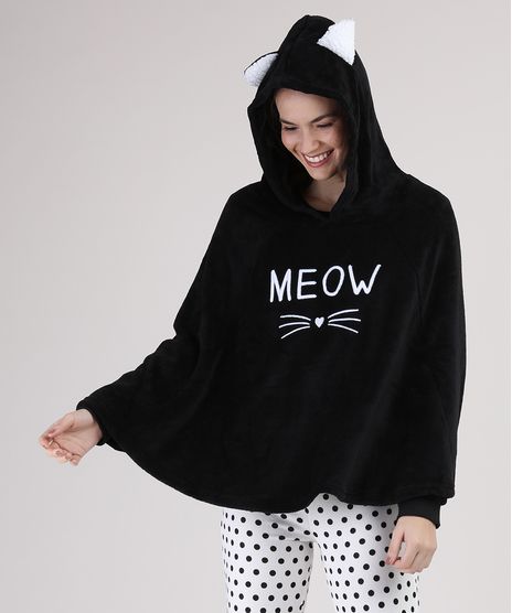 Poncho-em-Fleece-Feminino-Gato-com-Capuz-e-Orelhas-Preto-9900211-Preto_1