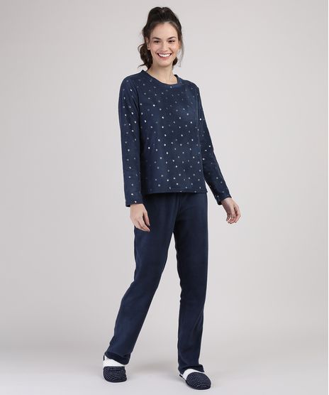 Pijama-de-Fleece-Feminino-Estampado-de-Estrelas-Metalizadas-Manga-Longa-Azul-Marinho-9900200-Azul_Marinho_1