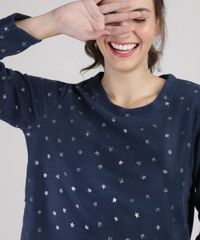 Pijama-de-Fleece-Feminino-Estampado-de-Estrelas-Metalizadas-Manga-Longa-Azul-Marinho-9900200-Azul_Marinho_3