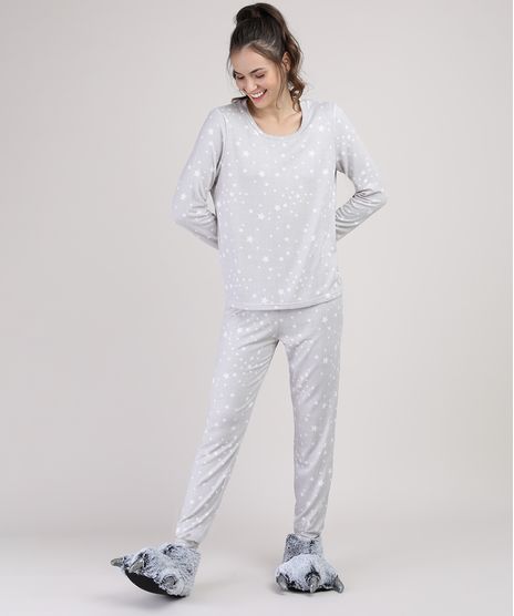 Pijama-Feminino-Estampado-de-Estrelas-Manga-Longa-Cinza-Mescla-9900220-Cinza_Mescla_1