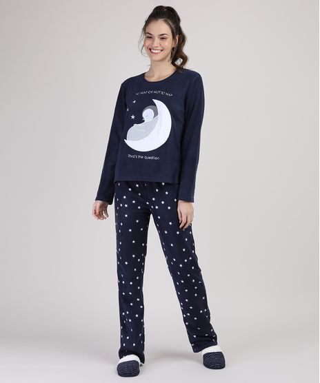 Pijama-de-Fleece-Feminino-com-Bordado-de-Pinguim-Estampado-de-Estrelas-Manga-Longa-Azul-Marinho-9900201-Azul_Marinho_1