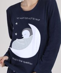 Pijama-de-Fleece-Feminino-com-Bordado-de-Pinguim-Estampado-de-Estrelas-Manga-Longa-Azul-Marinho-9900201-Azul_Marinho_3