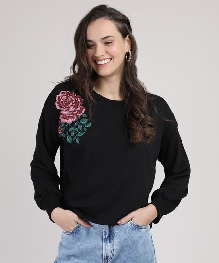 Blusao-de-Moletom-Feminino-com-Bordado-Floral-Decote-Redondo-Preto-9811705-Preto_1